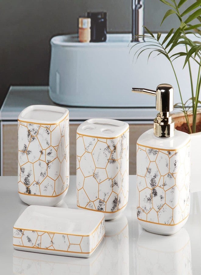 Kookee Ceramic Bathroom Set - Stylish 4 Piece Bath Accessories Kit with Soap Dispenser, Toothbrush Holder, Tumbler & Soap Dish - Modern & Designer Decor for Home & Guest Bathrooms, White/Gold (9898) - Image 3